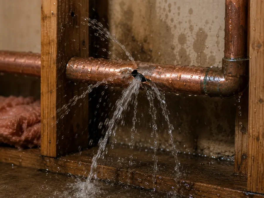 A ruptured copper supply pipe spraying water inside a wall in Calabasas, CA