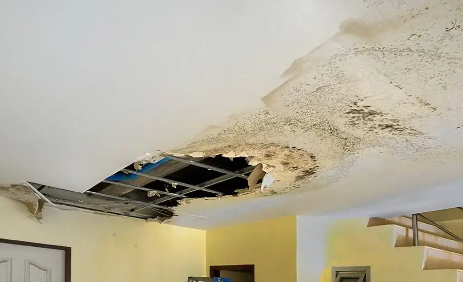 Water-stained collapsing ceiling from a leak above in a Calabasas, CA home