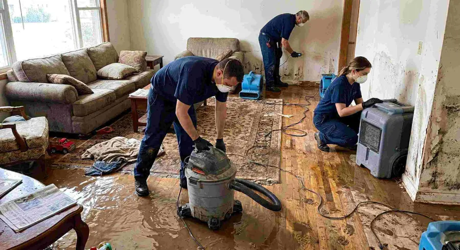 Standing water being extracted from a flooded Calabasas, CA living room
